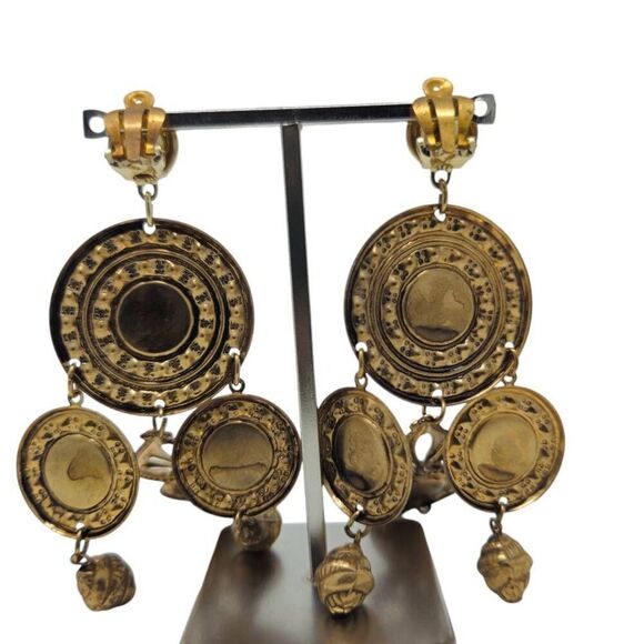 Large Vintage Gold Disk Runway Statement Pearl Cabochon Chandelier Clip-On Earri - Picture 2 of 7